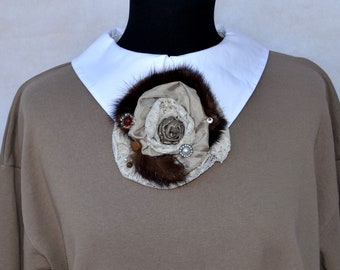 Winter fur brooch Brown beige brooch in shape of rose with milk fur and lace Large textile brooch for shirt Big embroidery fabric fur rose