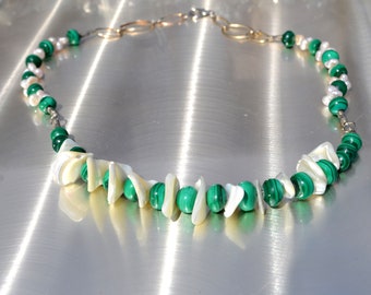 Natural green malachite white pearl and Mother of Pearl necklace Short green white healing choker necklace