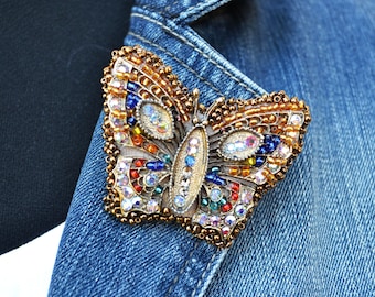 Luxury statement embroidery beadwork womens butterfly shaped brooch pin for shirt Large embroidered butterfly brooch for lapel