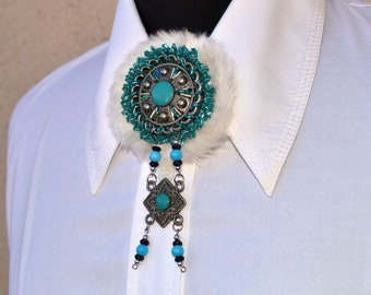 Designer large round white blue statement brooch with pendant faux fur metal element and turquoise Big luxury embroidered lapel brooch