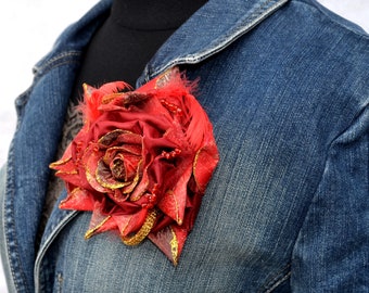 Large red textile brooch in shape of rose with feathers for lapel Cute rose brooch decor Big fabric brooch for shirt