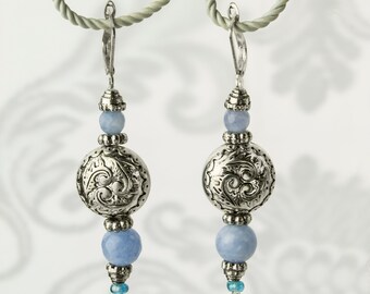 Cute dangle light blue jade earrings with metal elements Light blue gemstone earrings Dainty drop ball earrings