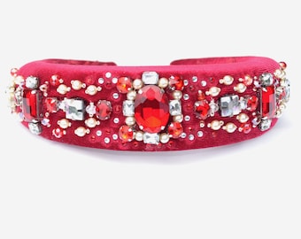 Luxury red embellished velvet womens padded headband tiara with pearl and rhinestones Romantic adult party embroidered wide headband tiara