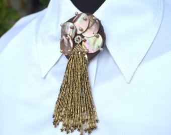 Luxury statement embroidery womens Mother of Pearls brooch with gemstones crystal and fringe gold beads for shirt