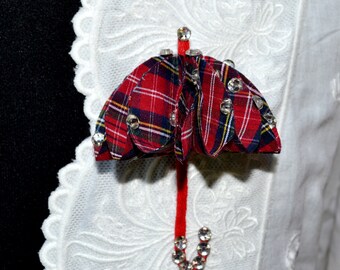 Red plaid fabric umbrella brooch with rhinestone for lapel in Boho style Cute textile weather brooch for shirt