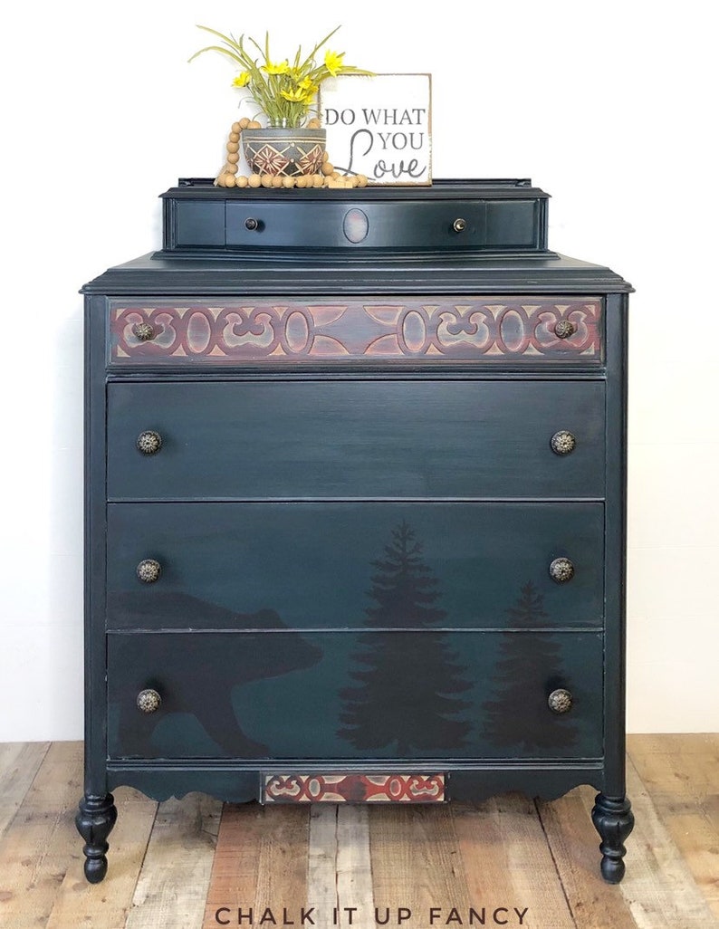 Vintage Tall Boy Green Dresser Red Bedroom Furniture Adirondack Bear Pine Tree Silhouette 5 Drawer Dresser Cabin Woodland