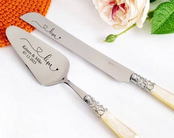 Ivory Wedding Cake Cutting Set | Custom Server and Knife Set | Bridal Shower Wedding Gift | Ivory Handle with Silver Ring | Cake Cutter Set