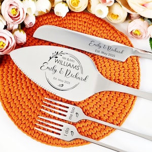 Engraved Wedding Cake Server Set with Knife and Forks - Custom Silver Cake Cutting Gift for Couple - Bridal Shower or Anniversary Keepsake