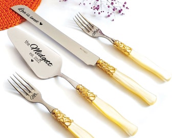 Personalized Wedding Cake Cutter Set with Forks Ivory and Gold Plated Ring Handle - Cake Server and Knife Set for Wedding