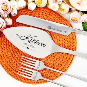 Elegant Wedding Cake Cutting Set with Knife Server and Forks - Engraved Love Quote Flatware -Gift with Box for Couple - Shower Keepsake