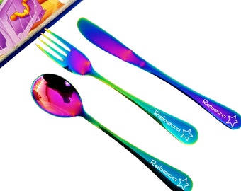Personalized Kids Cutlery Set: Laser Engraved Stainless Steel, 3-Piece