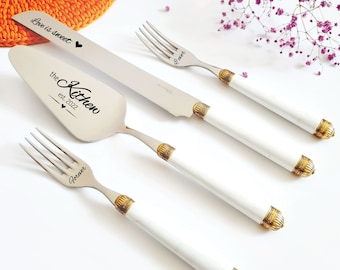 Cake Cutting Set for Wedding with Forks White and Gold Plated Vintage Ring Handle - Cake Serving Set for Wedding with Forks, Bugatti