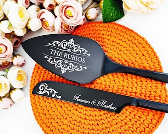 Engraved Black Wedding Cake Cutting Set, Personalized Stainless Steel Knife & Server with Gift Box