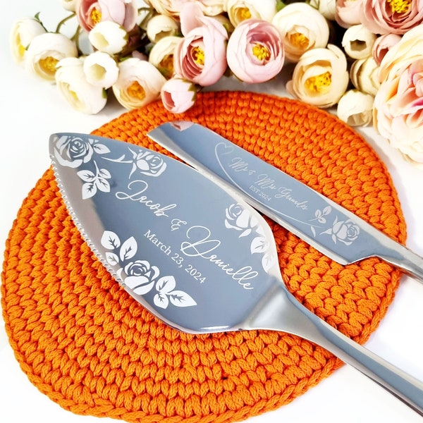 Juego de regalo de corte de pastel de boda floral, servidor y cuchillo, juego de servicio de cortador de pastel para boda, regalo de despedida de soltera