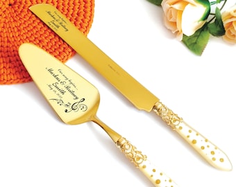 Gold Cake Cutting Set for Wedding - Ivory Handle with Gold Dots Personalized Engraved Server and Knife Cutter Set