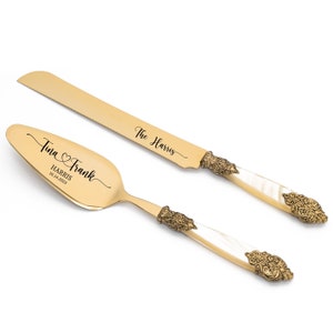 Champagne Pearl Wedding Cake Cutting Set - Engraved Gold Knife and Server with Vintage Style Handle Accents - Elegant Gift for Weddings