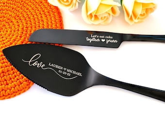 Black Wedding Cake Cutting Cutter Set, Engraved Knife & Server with Box, Bridal Shower Gift