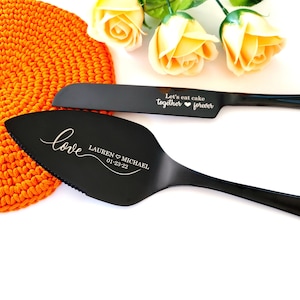 Black Wedding Cake Cutting Cutter Set, Engraved Knife & Server with Box, Bridal Shower Gift