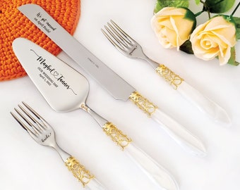 Wedding Cake Serving Cutting Set Server Forks and Knife - Handle with Gold Ring, Cake Cutter Shovel Lifter Set, Wedding Anniversary Gift