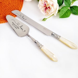 Wedding Cake Knife and Server Set - Ivory Handle with Silver Accents - Engraved Personalized Gift for Bridal Shower or Keepsake