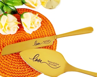 Set de corte para tarta de boda dorado, cuchillo y servidor personalizados, regalo de recuerdo para los novios.