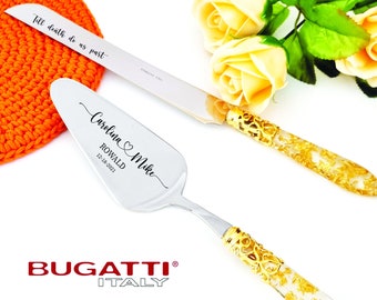 Cake Cutter Cutting Set for Wedding with Gold Flakes inside Handle - Personalized Engraved Cake Server and Knife Serving Set - Wedding Gift