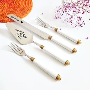 Art Deco Wedding Cake Cutting Set with Forks - Engraved Knife and Server - White Handle with Gold Accents - Elegant Wedding Gift Idea