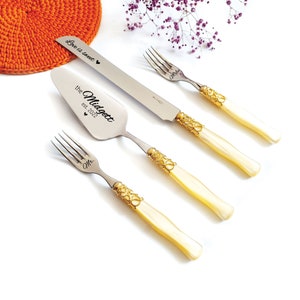 Ivory Handle Wedding Cake Cutter Set with Forks - Personalized Engraved Knife and Server - Elegant Gold Accent Set for Wedding Gift
