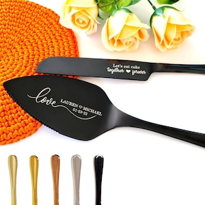Set per taglio torta nuziale nero, coltello e paletta incisi con scatola, regalo personalizzato per addio al nubilato
