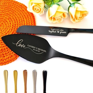 Black Wedding Cake Cutting Set - Engraved Knife and Server with Box - Personalized Bridal Shower or Keepsake Gift for Couple