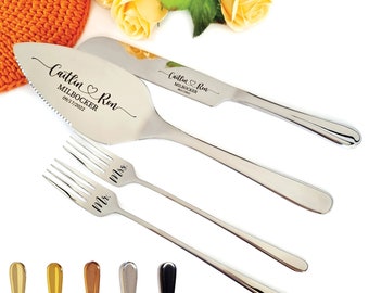 Wedding Cake Cutting Set Knife Server and Forks, Cake Cutter for Wedding, 5 Colors Engraved Cake Serving Set for Wedding Gift