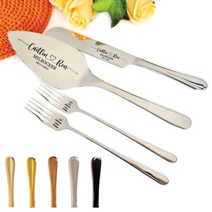Personalized Silver Wedding Cake Cutting Set with Forks - Engraved Knife and Server - Gift for Bride and Groom - Bridal Shower Keepsake