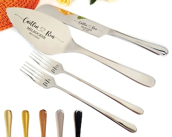 Hochzeitstorte Cutter Cutting-Set mit Gabeln Silber, personalisierter Messerheber, Braut- und Bräutigamandenken