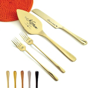 Champagne Wedding Cake Cutting Set with Forks - Engraved Knife and Server - Elegant Gift for Bridal Shower - Engagement or Newlywed Keepsake