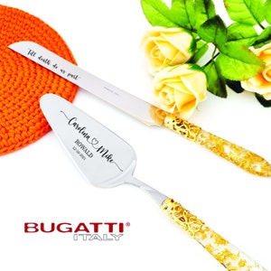Gold Flakes Wedding Cake Cutting Set - Engraved Knife and Server with Elegant Handle Accents - Personalized Gift for Couple - Bridal Shower