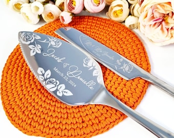 Personalized Silver Rose Floral Wedding Cake Knife And Server Set In Custom Black Box