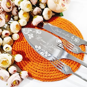Personalized Silver Rose Floral Cake Cutting Set With Knife Server Forks In Engraved Box