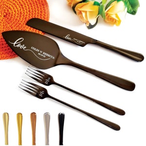 Black Wedding Cake Cutting Set with Forks - Engraved Knife and Server - Personalized Bridal Shower or Wedding Gift for Couple