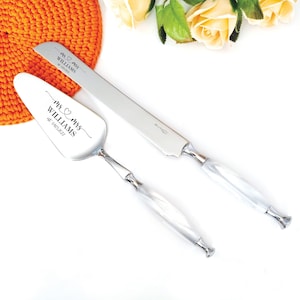 Silver Wedding Cake Cutting Set - White Pearl Handle with Country Style Accents - Elegant Cake Server Knife Gift for Bride and Groom