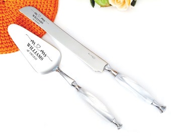 Juego de cortadores de pastel de bodas de perla blanca, mango estilo rústico, servidor y juego de cuchillos para la novia