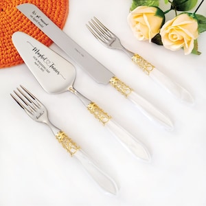 Personalized Wedding Cake Knife and Server with Forks - White Pearl Handle with Gold Accents - Custom Cutting Set for Wedding