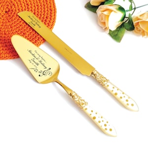 Gold Wedding Cake Knife and Server Set - Ivory Pearl Handle with Gold Dots - Personalized Engraved Bridal Shower or Anniversary Gift