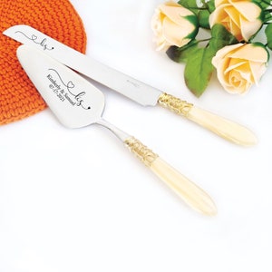 Wedding Cake Knife and Server Set with Ivory Handle and Gold Accents - Engraved Cutting Set for Bridal Shower - Keepsake or Luxury Gift