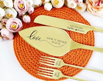 Juego de servir para cortar tarta de boda grabado con tenedores, cuchillo y servidor personalizados, recuerdo para pareja.