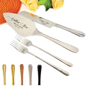 Wedding Cake Cutting Serving Set Gold Black Engraved Cutter Knife Server with Forks Keepsake