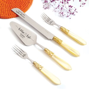 Ivory Wedding Cake Cutting Set with Forks - Engraved Knife and Server with Gold Accents - Mr and Mrs Keepsake or Bridal Shower Gift