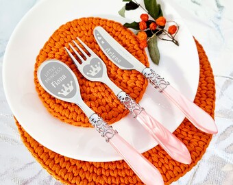 Personalised Children's Cutlery Set With Engraving - Baby Kids Set With Name, Spoon Fork and Knife Set, Pink Color Handle, Birthday Gift Set