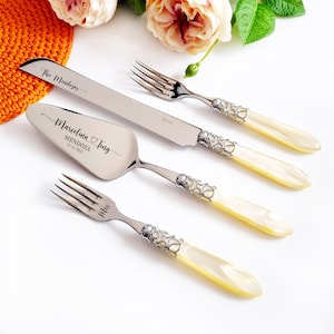 Ivory Pearl Wedding Cake Cutting Set with Forks - Engraved Knife and Server with Silver Accents - Personalized Wedding Gift for Couple