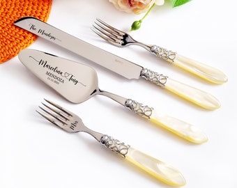 Wedding Cake Knife Server and Forks Set with Black Handle and Gold Ring