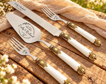 White & Gold Wedding Cake Cutting Set: Vintage Style Knife Server for Bride and Groom